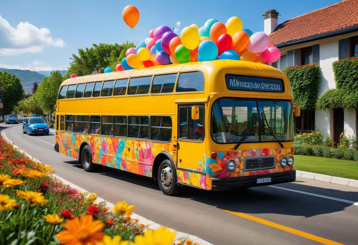 A bright and cheerful bus traveling along a scenic road, surrounded by colorful landscapes, happy families waving from the windows, and a clear blue sky. Include light flares to represent happiness and joy, with exaggerated smiles on passengers' faces to evoke a sense of delight. Add playful elements like balloons or musical notes floating in the air to amplify the joyful theme. super-realistic. vibrant colors. sunny ambiance.