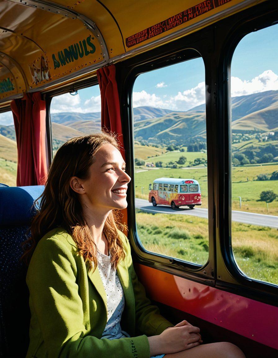 A cheerful passenger sitting by the window of a colorful bus, smiling as they gaze out at a vibrant landscape filled with rolling hills, sunshine, and playful animals. Inside the bus, decorations like fairy lights and uplifting quotes adorn the walls, creating a warm atmosphere. Other passengers can be seen enjoying the ride with joyful expressions, interacting and sharing stories. The scene conveys a sense of adventure, freedom, and happiness. vibrant colors. super-realistic. whimsical style.